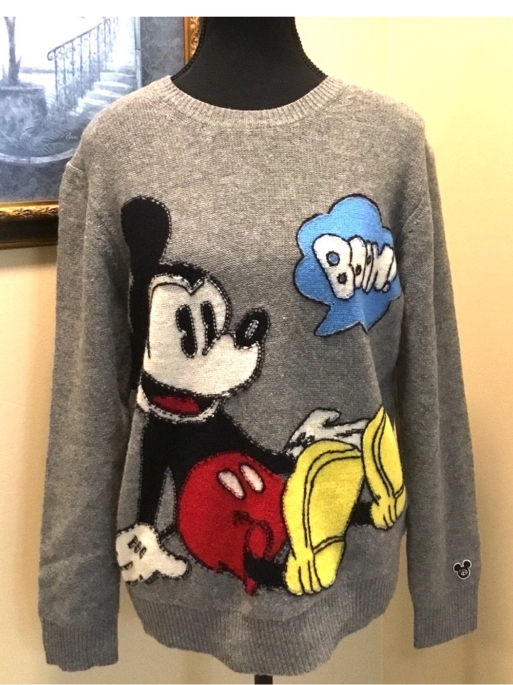 I.T Loves Mickey Vintage RARE Graphic Intarsia Streetwear Wool Knit Grey Sweater